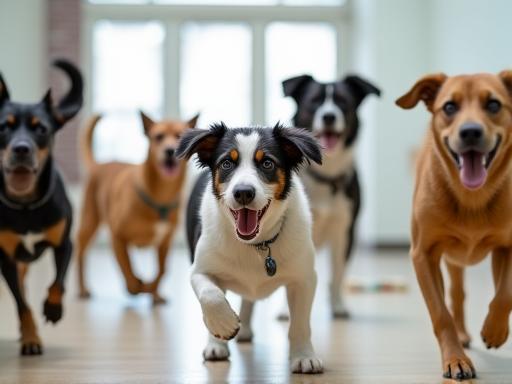 Several dogs playing together in a clean indoor daycare facility.