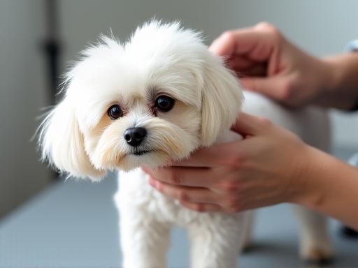 A professional groomer styling a small white dog.
