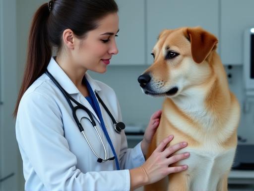 A veterinarian listening to a dog's heartbeat with a stethoscope.