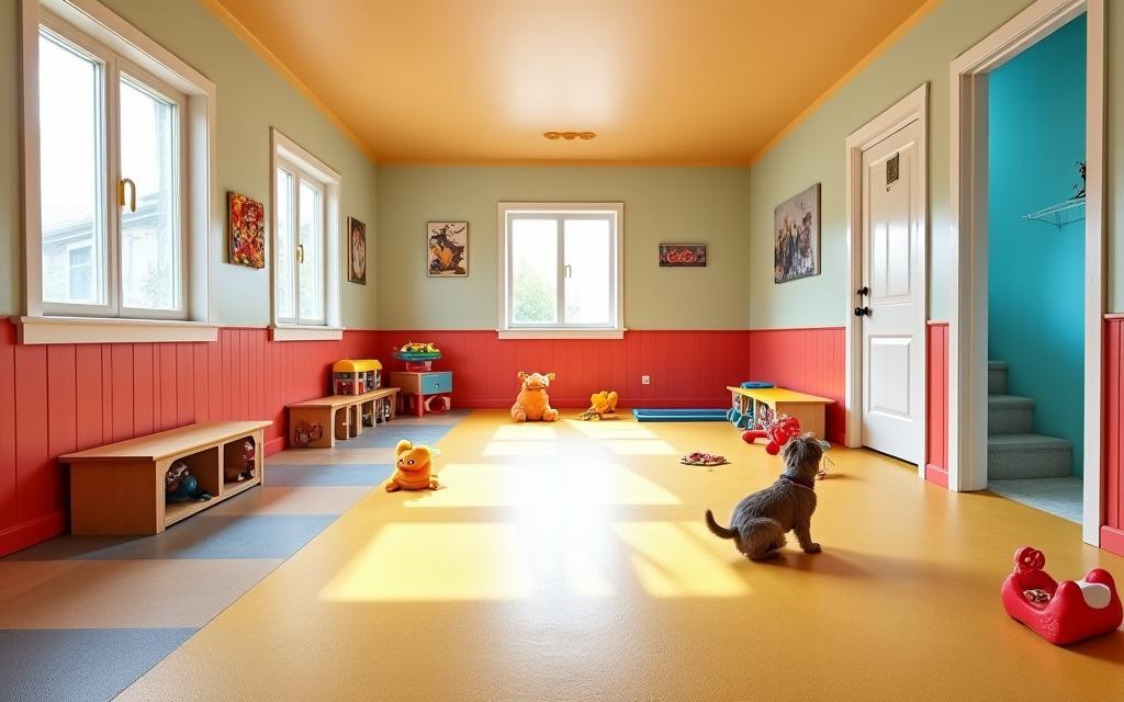 A spacious indoor playroom with non-slip flooring and various pet toys.