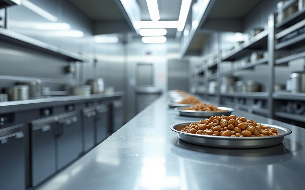 A spotless stainless steel kitchen where specialized pet meals are prepared.
