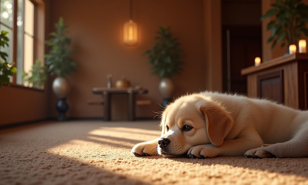 A luxurious and serene lobby at WanMansion with a well-groomed dog resting comfortably.