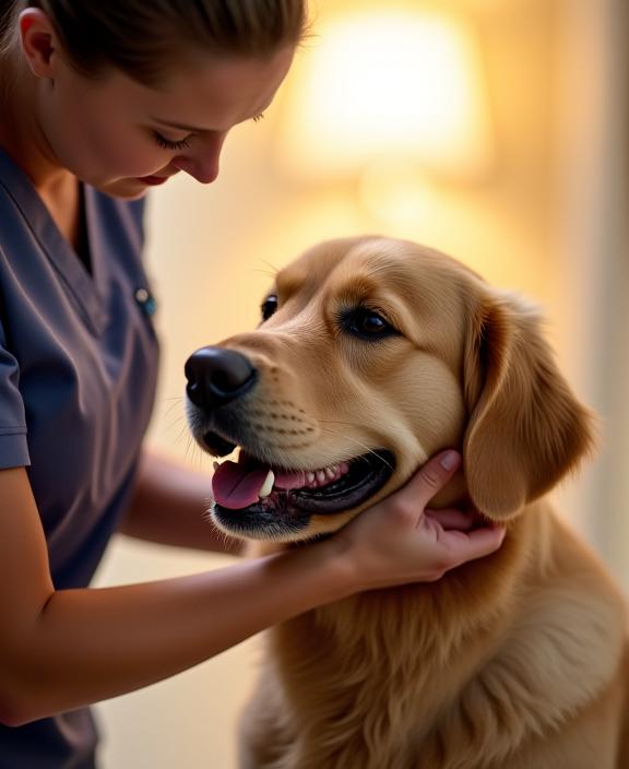 A caring WanMansion staff member gently petting a happy Golden Retriever.